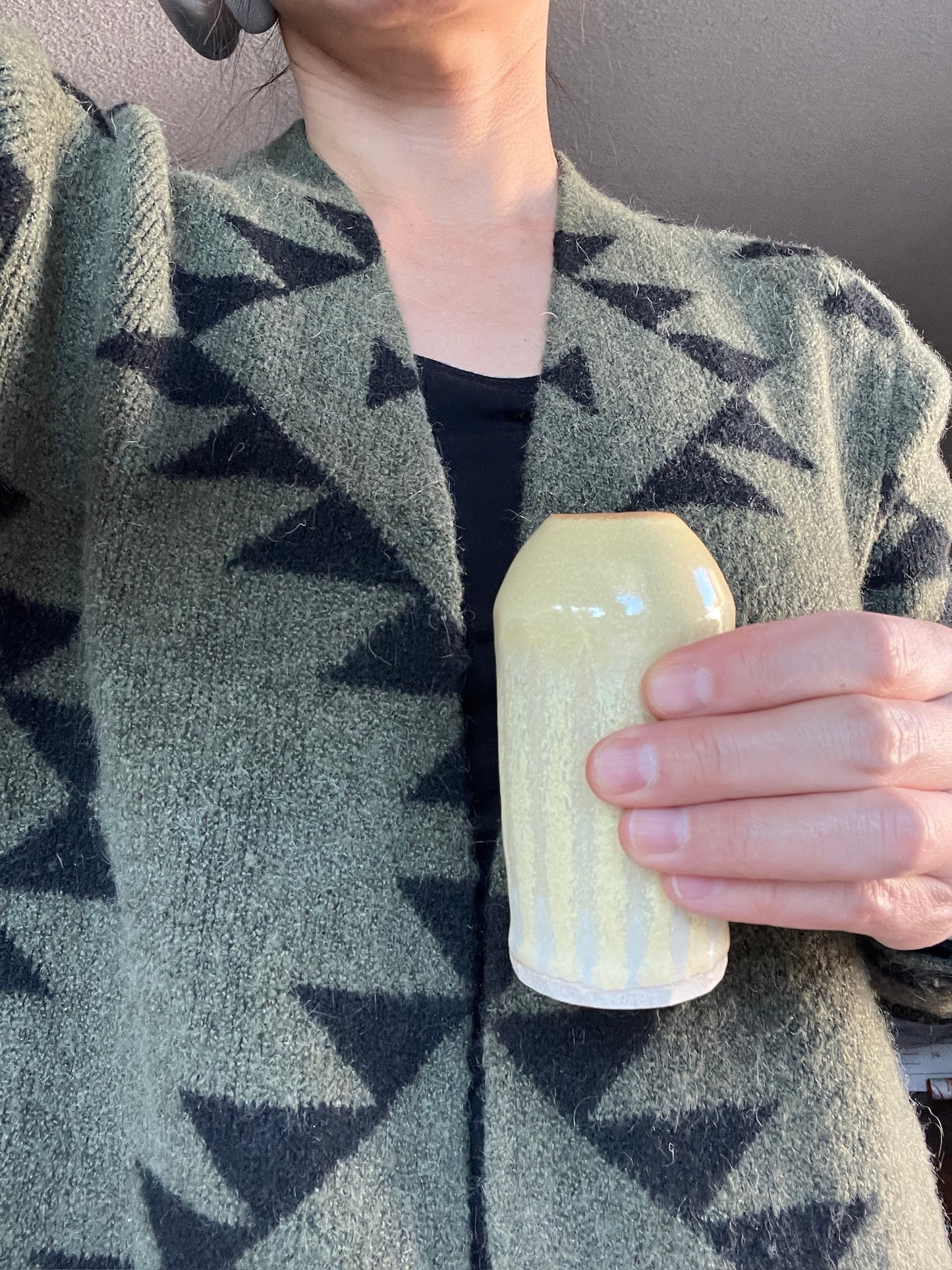 Small Rounded Yellow and Cream Faceted Vase