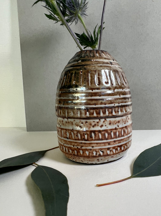 Carved Small Vase in Shino Glaze