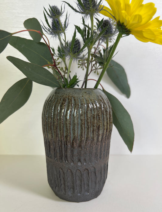 Hand Carved Lines Black Mountain Vase with Celadon