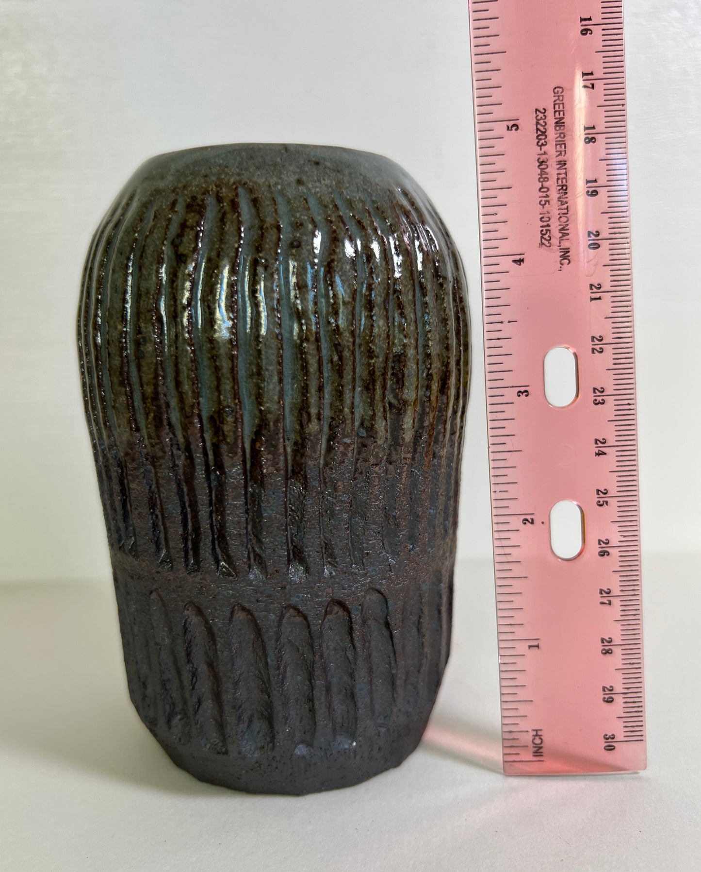 Hand Carved Lines Black Mountain Vase with Celadon