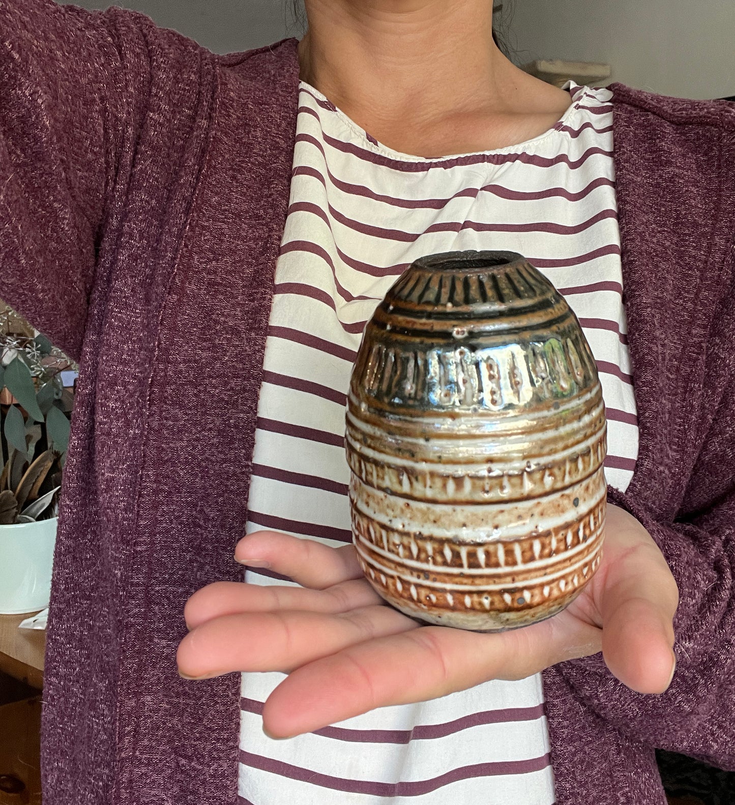 Carved Small Vase in Shino Glaze