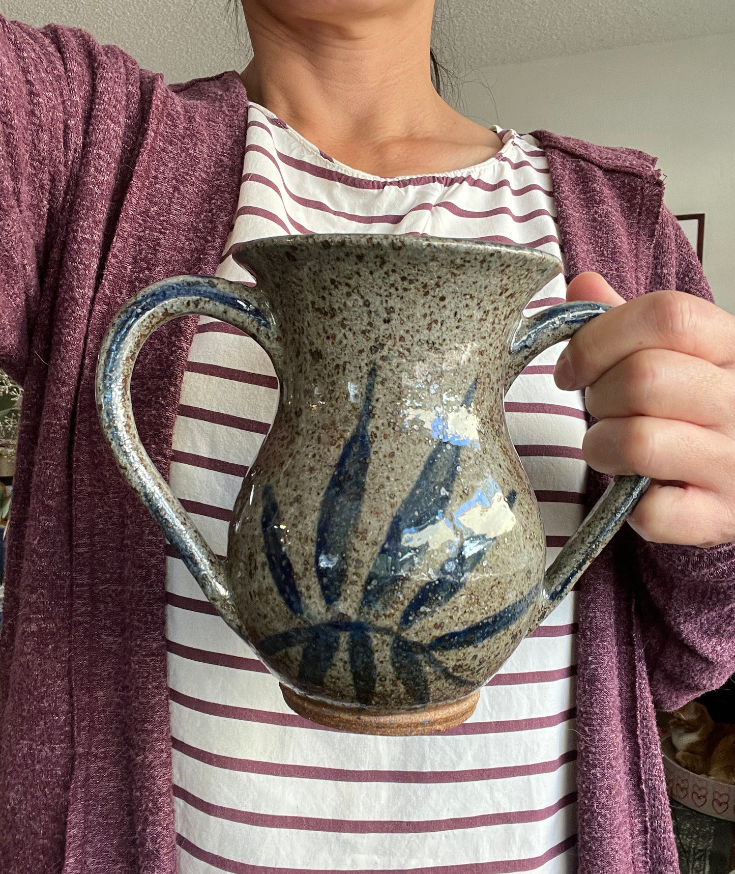 Two Handled Vase with Blue Leaves