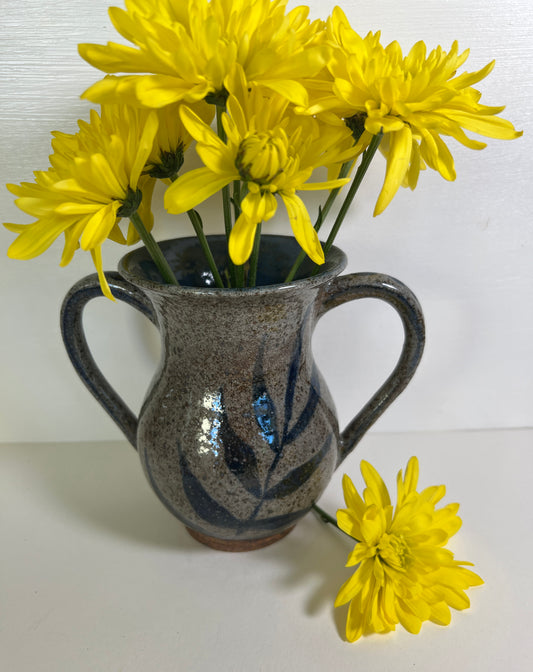 Two Handled Vase with Blue Leaves