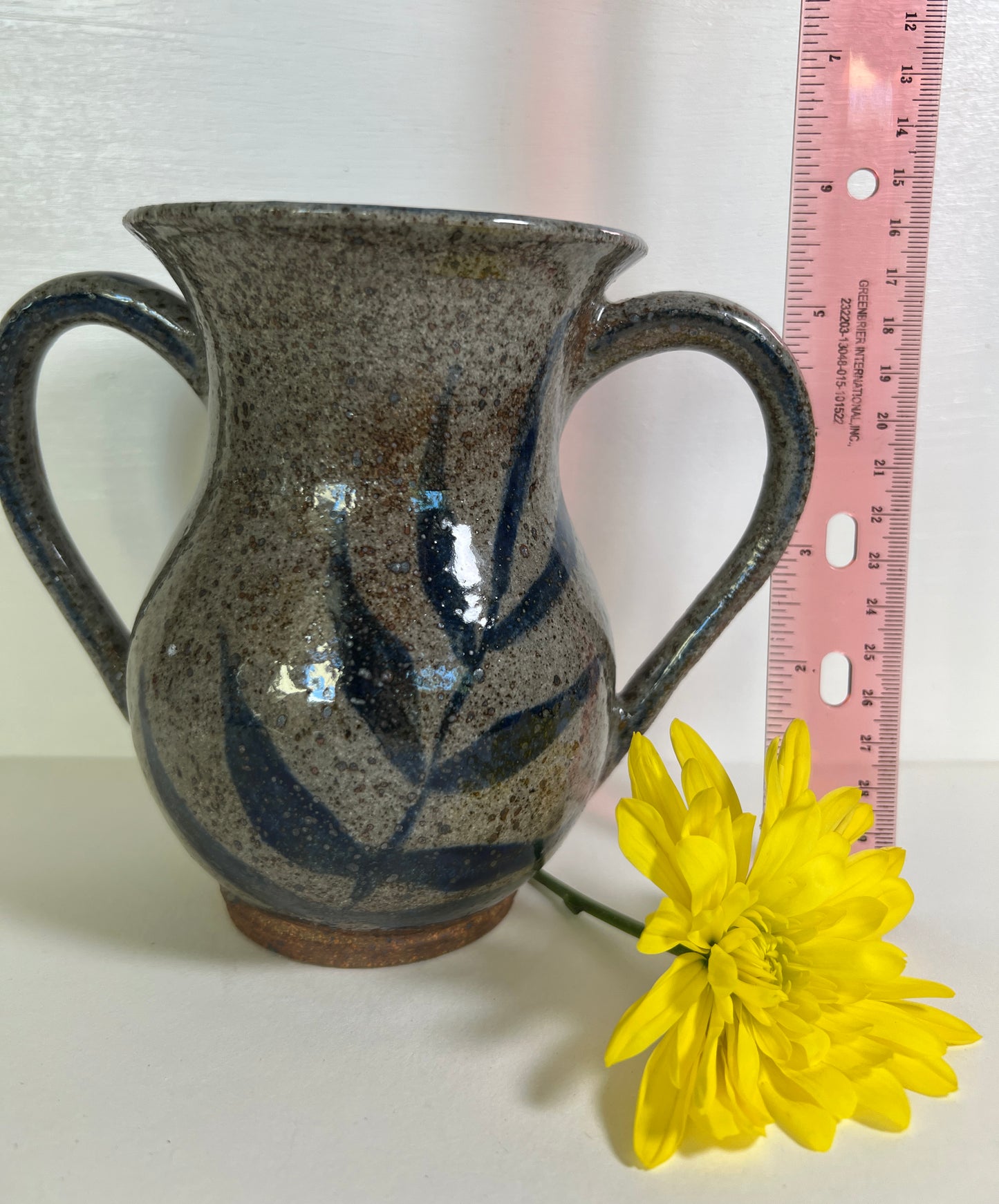 Two Handled Vase with Blue Leaves