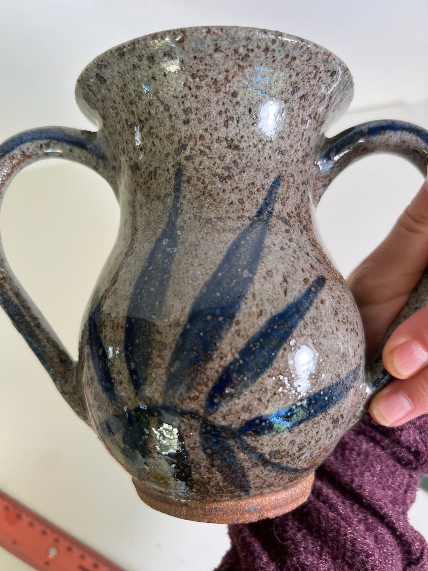 Two Handled Vase with Blue Leaves