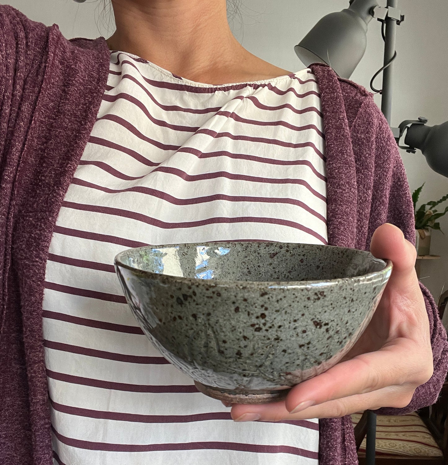 Hand Carved Celadon Bowl with Speckles