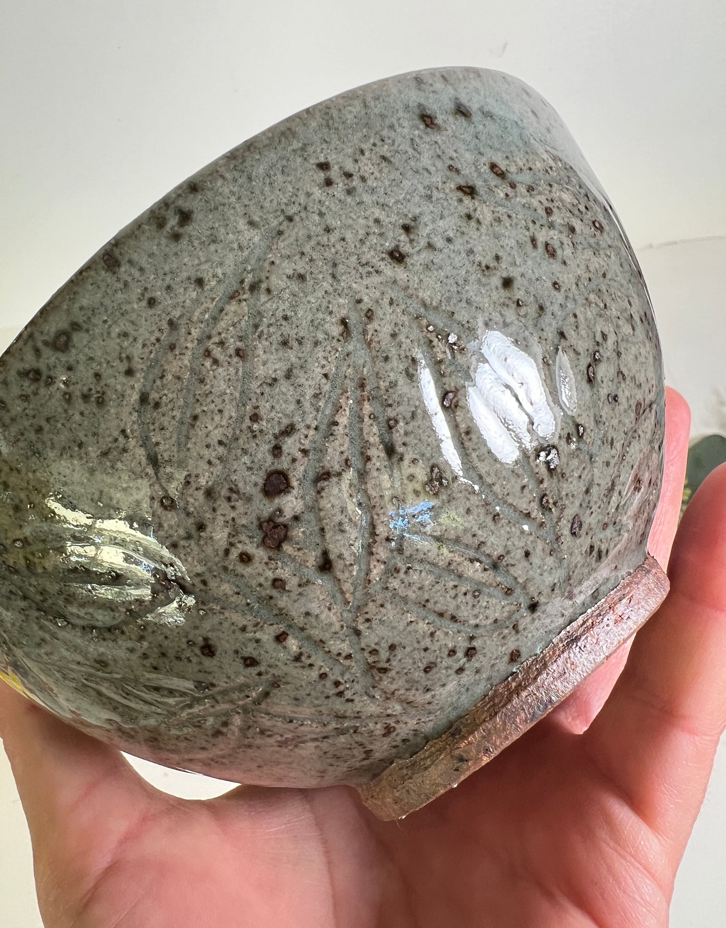 Hand Carved Celadon Bowl with Speckles